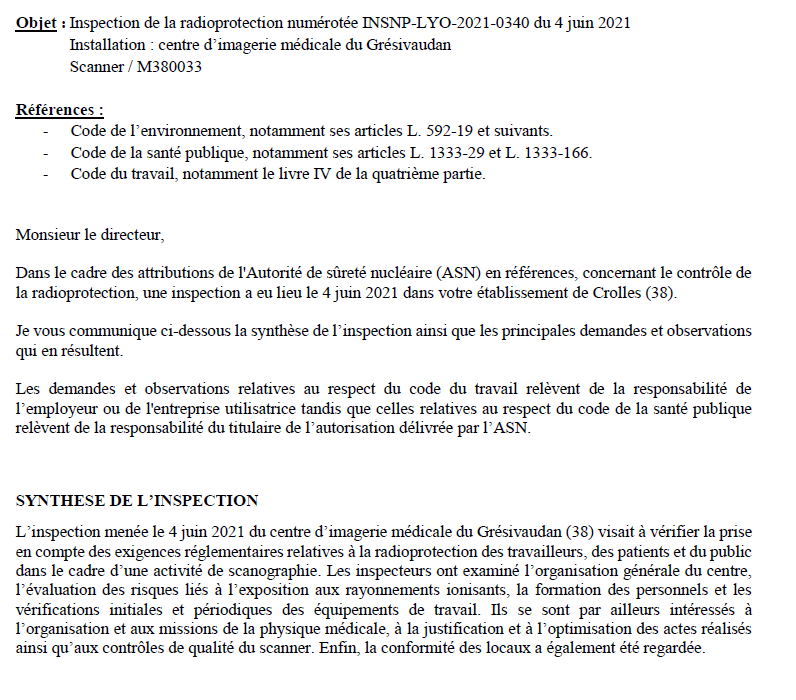 Inspection du scanner du Grésivaudan par l’Autorité de Sûreté Nucléaire : avis très favorable.