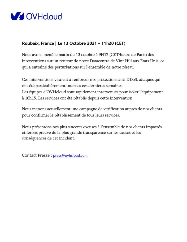 Site internet en panne le 13/10/2021