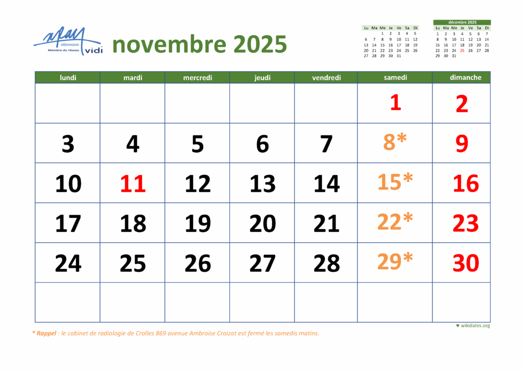 Jours fériés en novembre