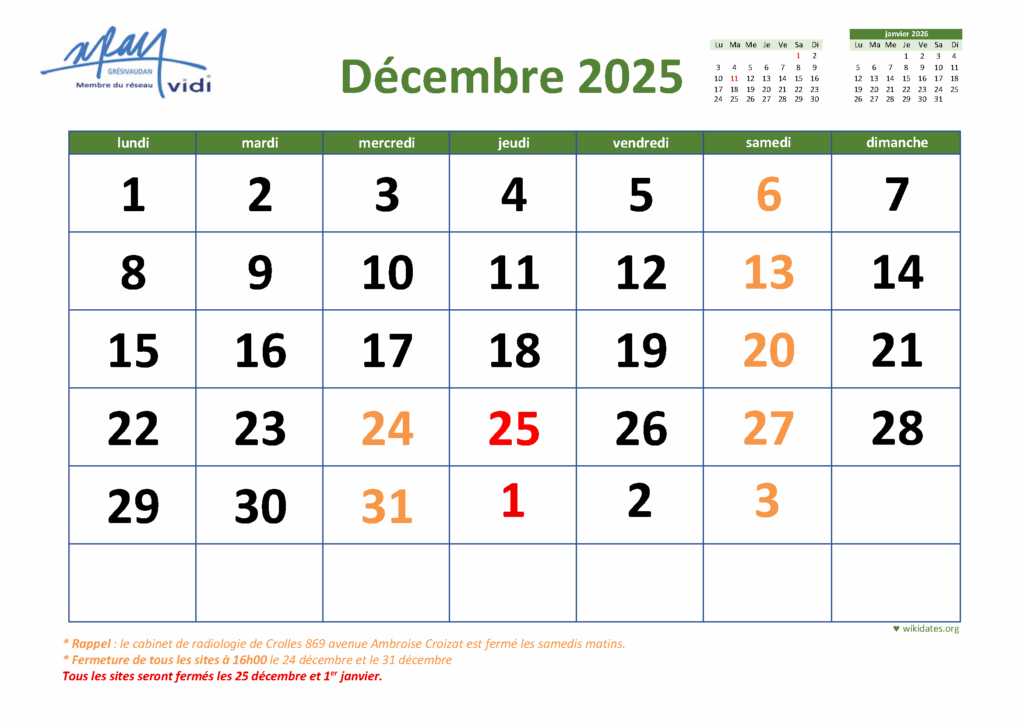 Horaires fêtes de fin d&rsquo;année
