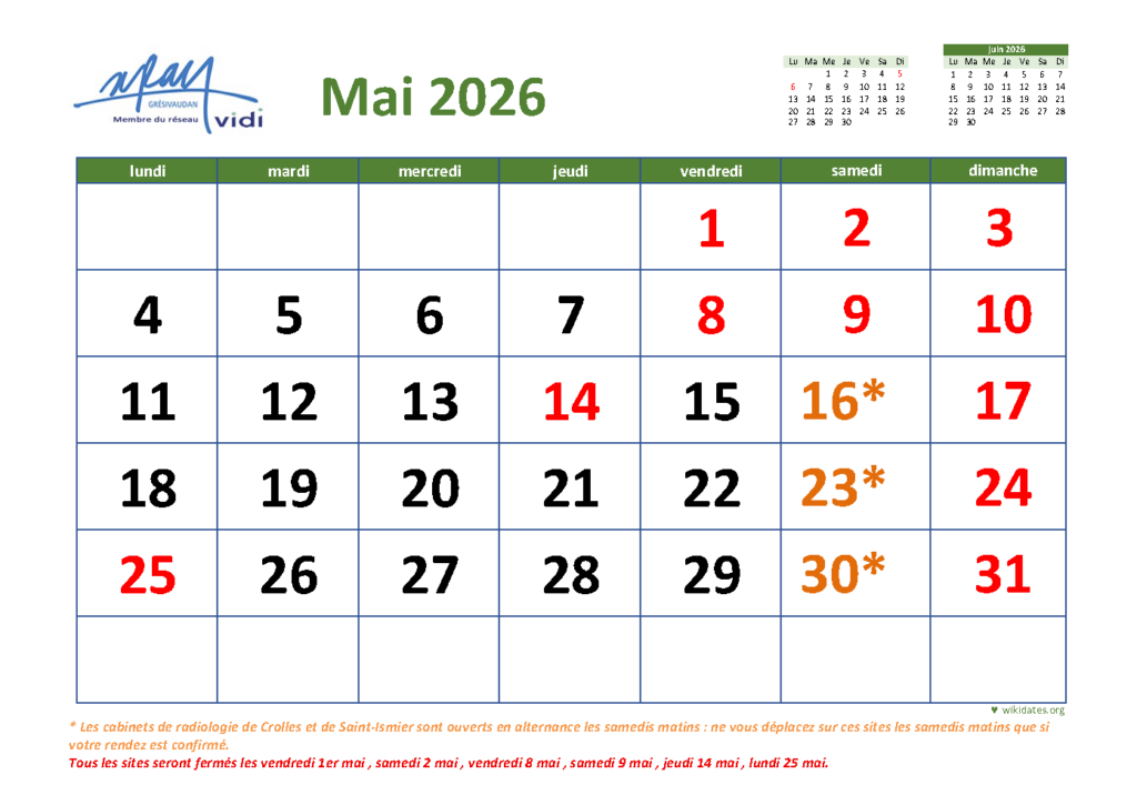 Fermetures pendant le mois de mai