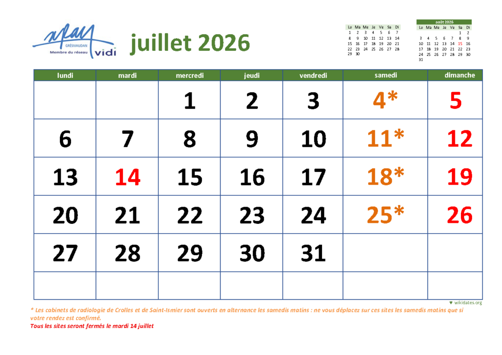 Modification des ouvertures au mois de juillet 2026